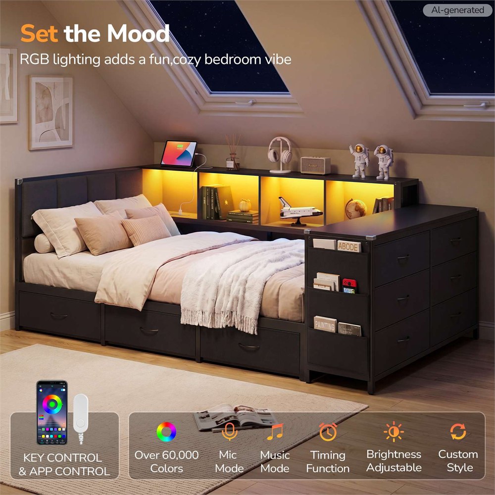Corner bed with warm RGB lighting in the storage cubbies