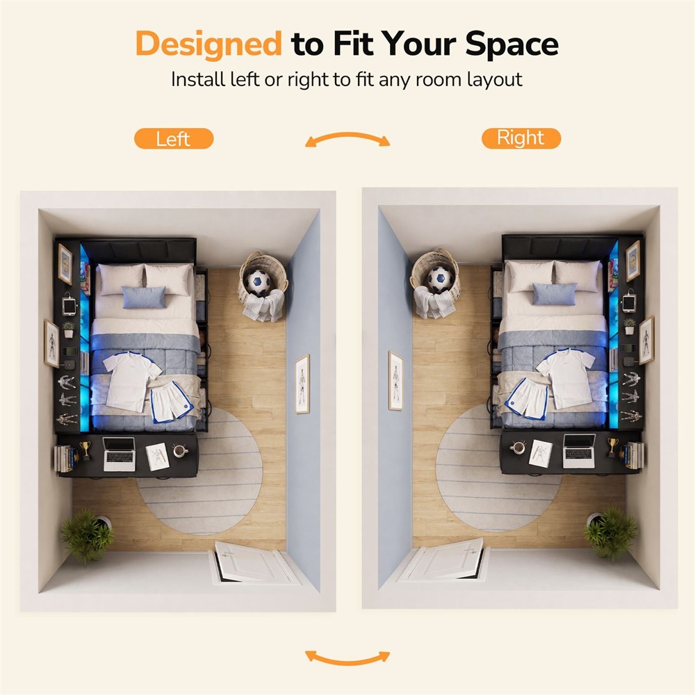 Reversible corner bed shown in left and right arrangements