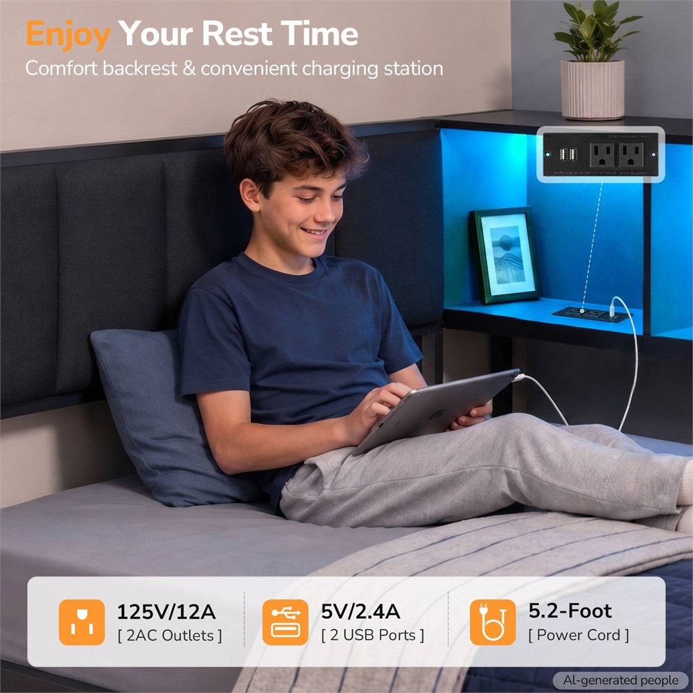 Padded headboard and integrated charging station