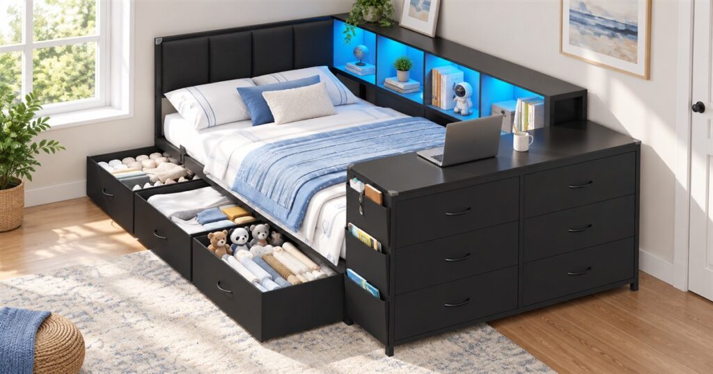 This Corner Bed Combines a Desk, Bookcases, and Nine Drawers