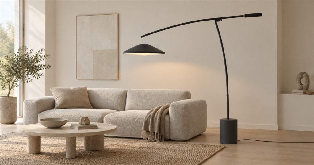 Editorial illustration of the Muuto Contra counterweighted floor lamp