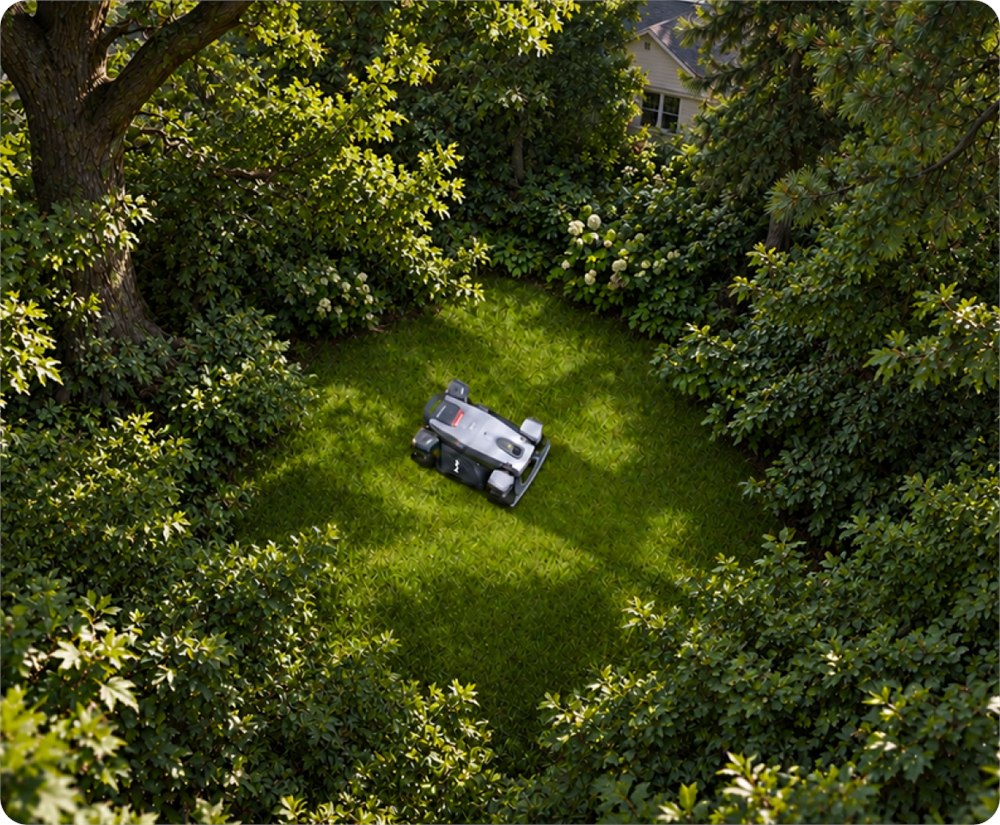 Overhead view of ARANIX mowing a garden bordered by trees