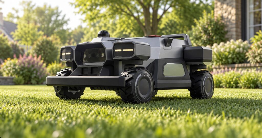 Gray and black ARANIX robot lawn mower with four steerable wheels