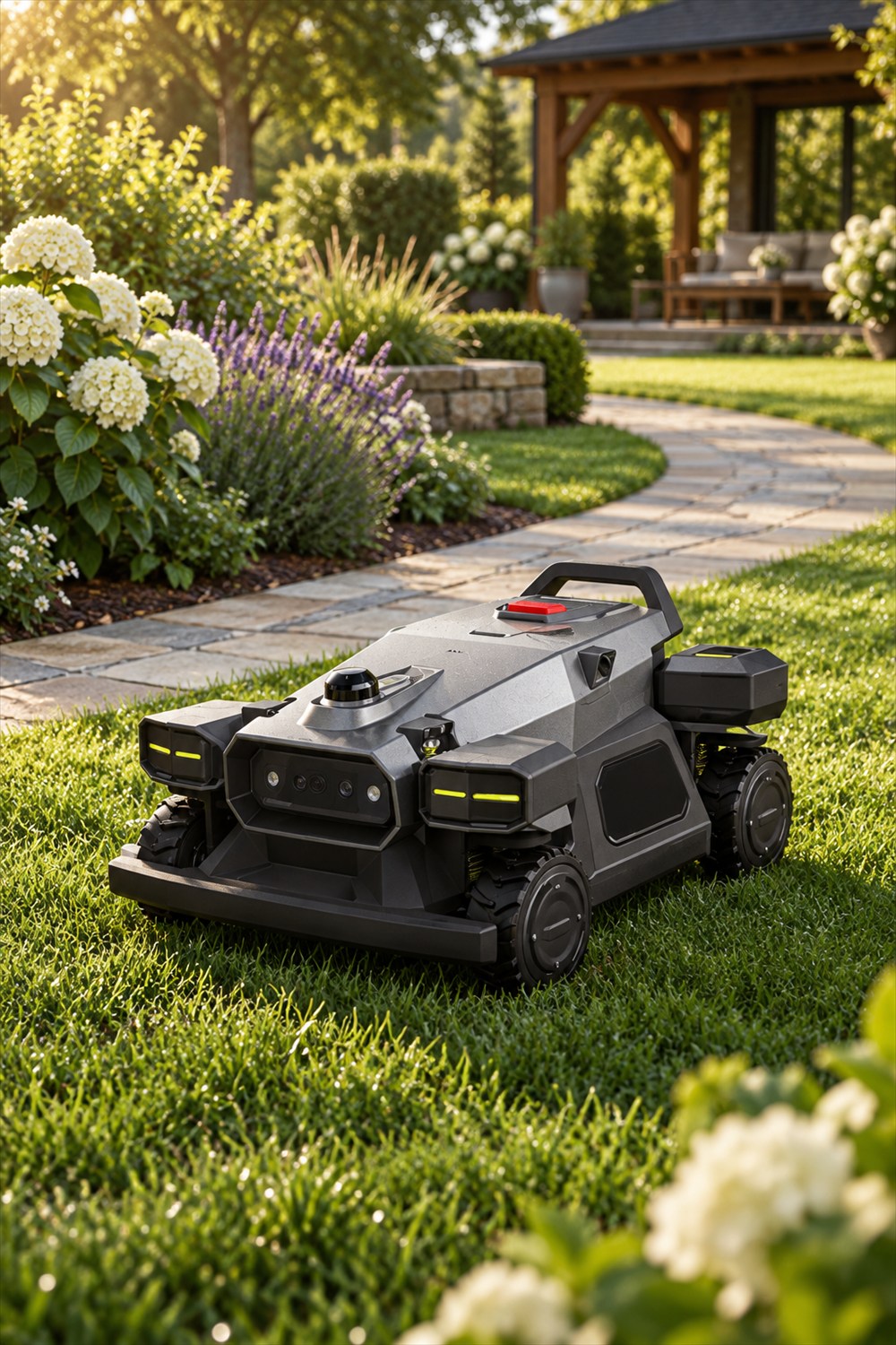 Graphite and silver four-wheel ARANIX robot lawn mower beside a curving stone path in a sunlit garden.
