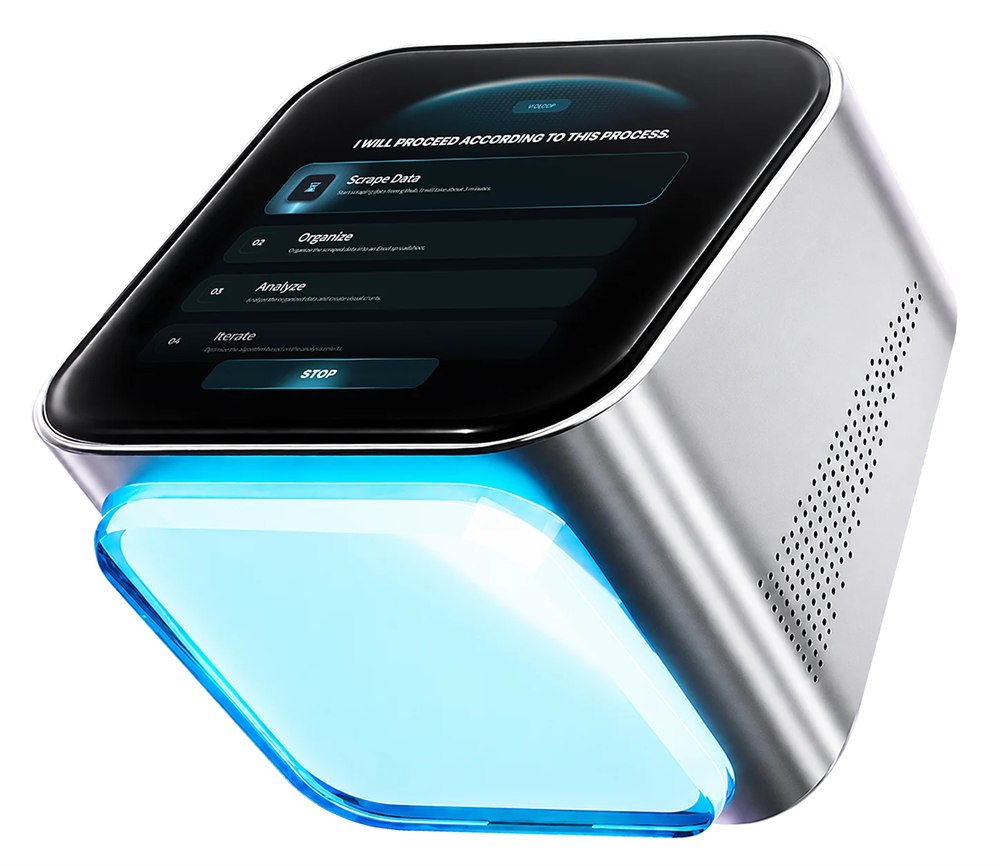 Official Violoop hardware render showing silver body, touchscreen and cyan-lit base