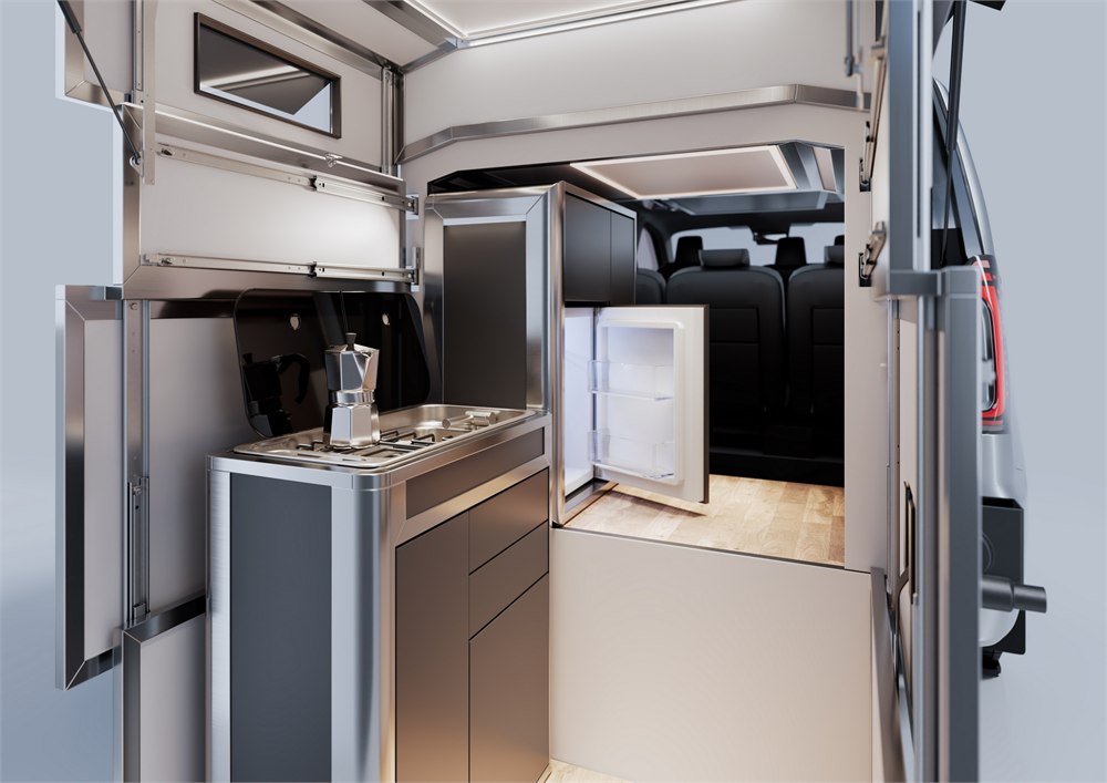 Cubivan kitchen with sink and refrigerator