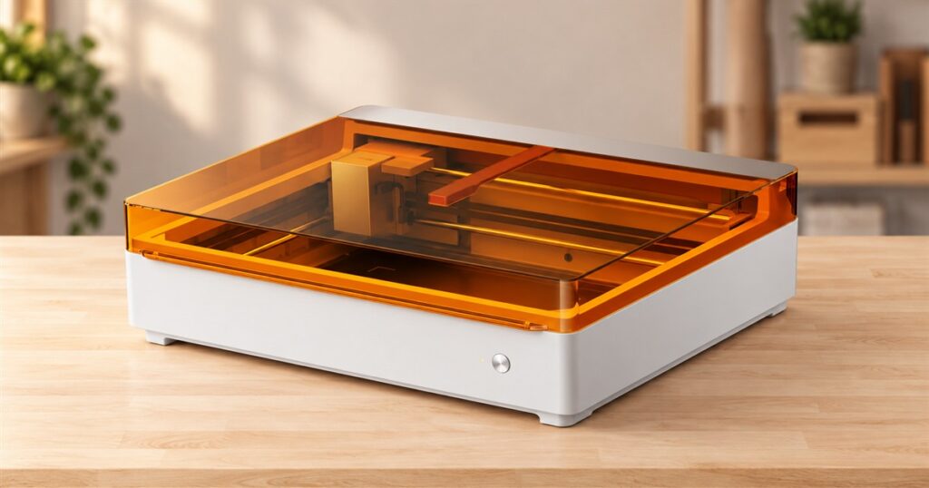 Desktop laser cutter with white housing and closed amber lid