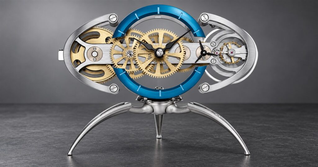 Nostromo DIY mechanical desk clock with exposed gears and sculptural legs