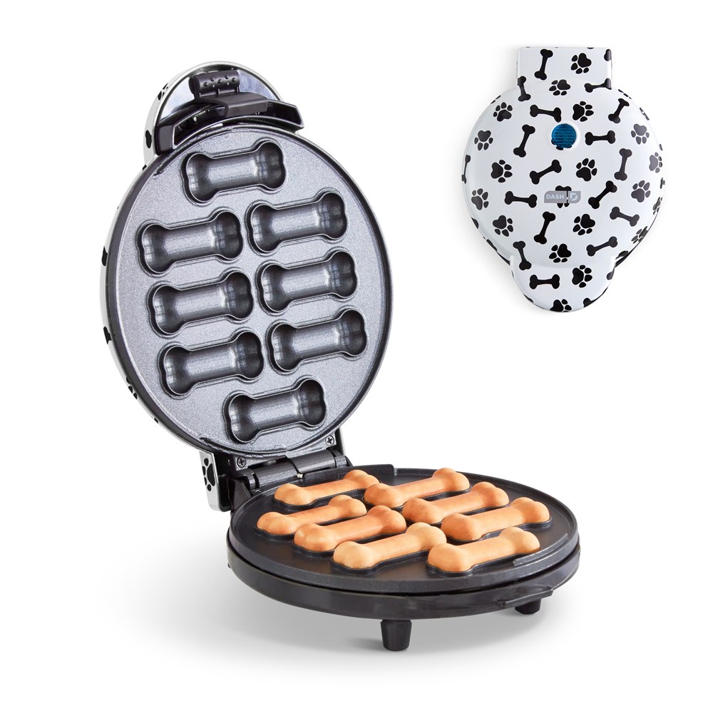 Dash Express Dog Treat Maker with eight bone-shaped molds and treats