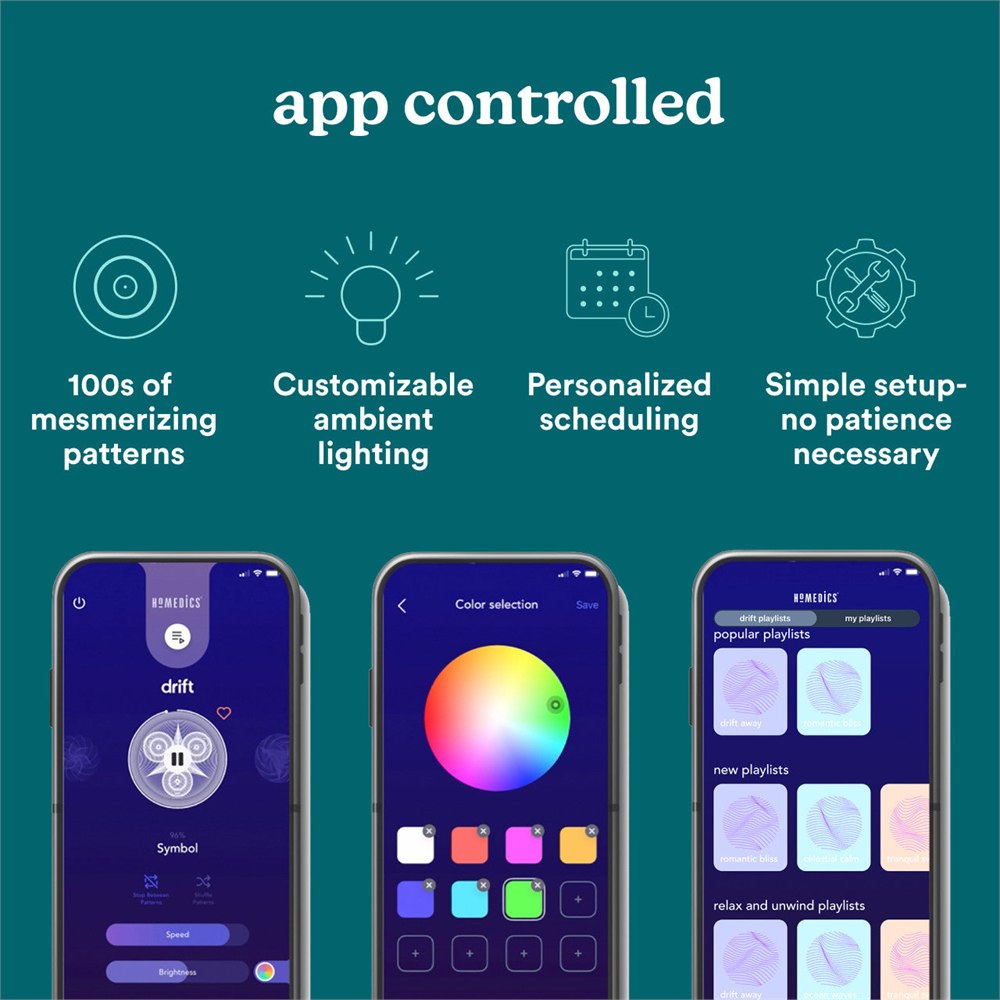 HoMedics Drift app controls for patterns lighting and scheduling