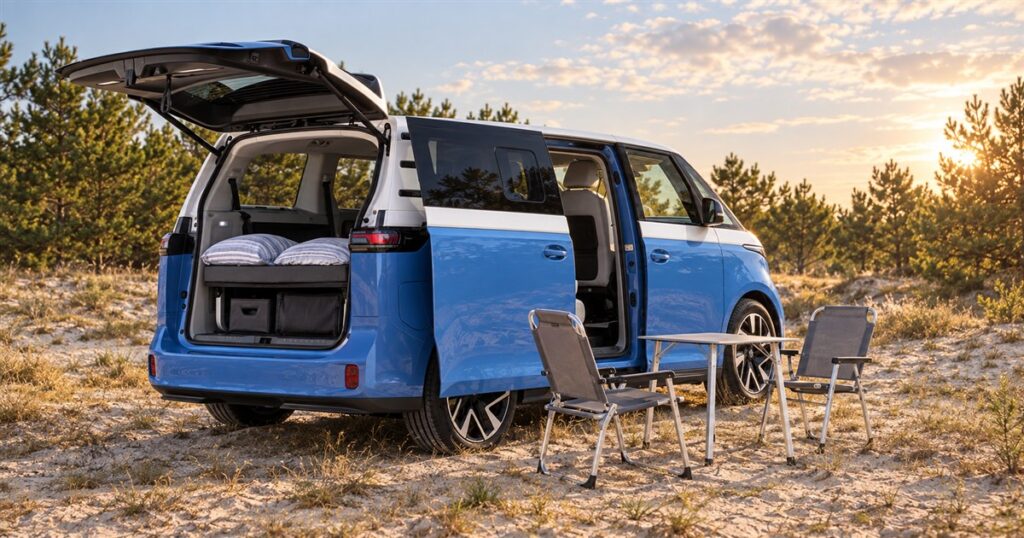 Electric camper van with an open rear hatch and outdoor seating