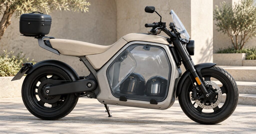ANY LUV1 electric cargo motorcycle with translucent central storage panel