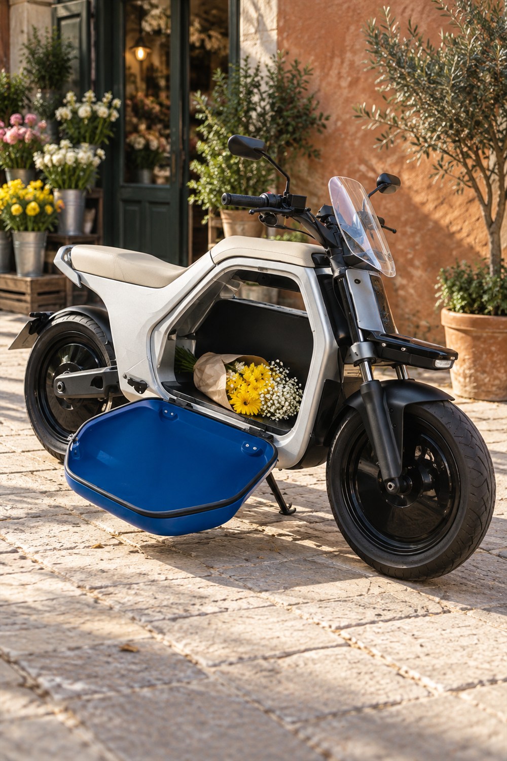 Silver-gray electric cargo motorcycle parked outside a flower shop with its blue side door open and a bouquet of yellow flowers inside the central compartment.