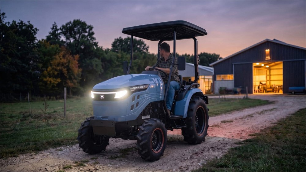 Moonrider tractor on a driveway at dusk