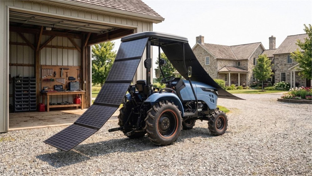 Solar charging panels unfolded beside the parked electric tractor