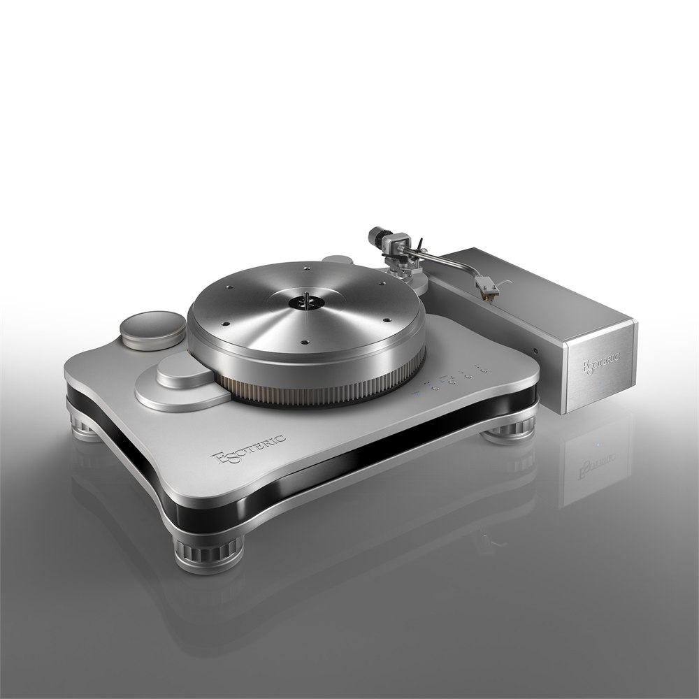 Close view of the Esoteric T-01 tonearm area and silver chassis