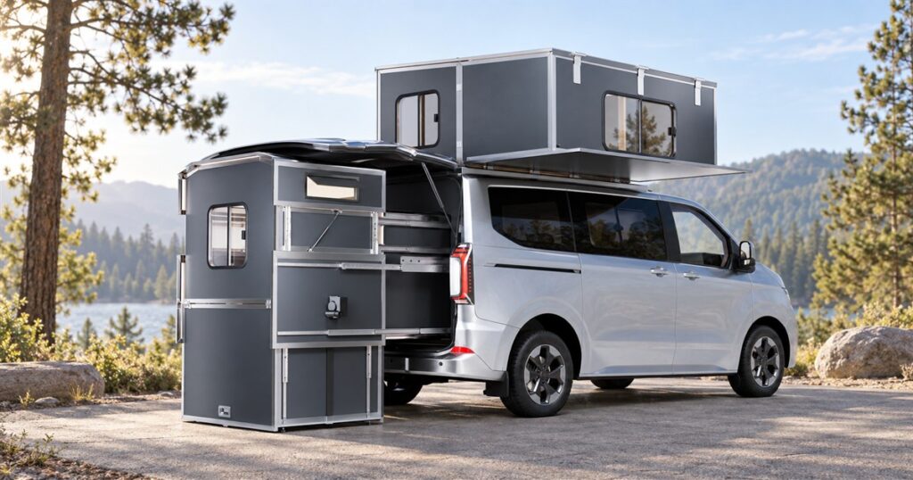 Cubivan expanding hard-sided camper with rear room and roof bedroom
