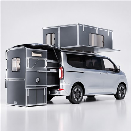 Silver van with deployed Cubivan camper rooms