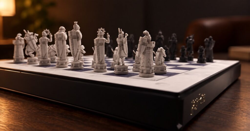 Sculptural wizard chess pieces on the self-moving chessboard