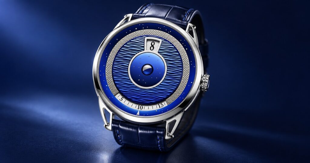 Blue jumping-hour moonphase watch in a studio setting