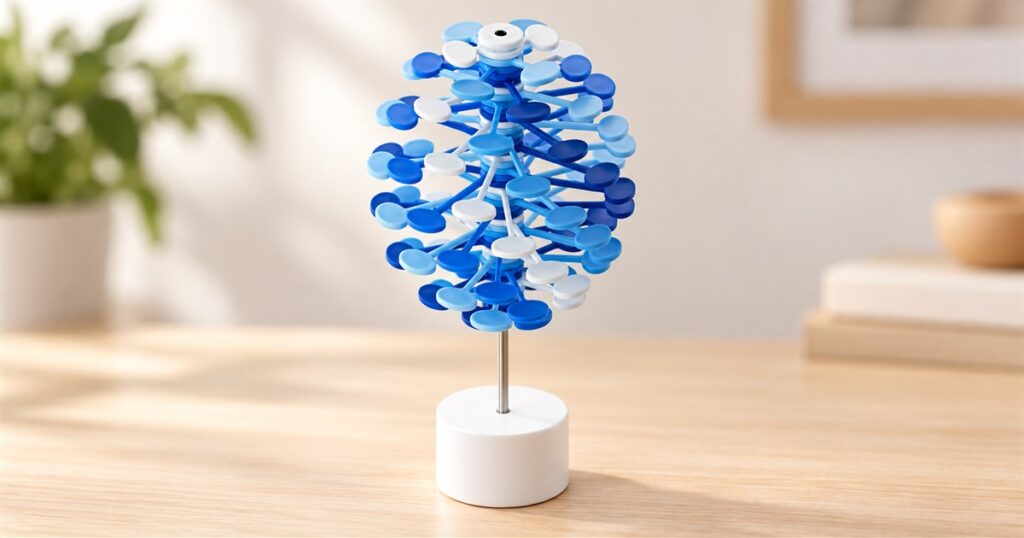 Blue and white transforming kinetic desk sculpture on its stand