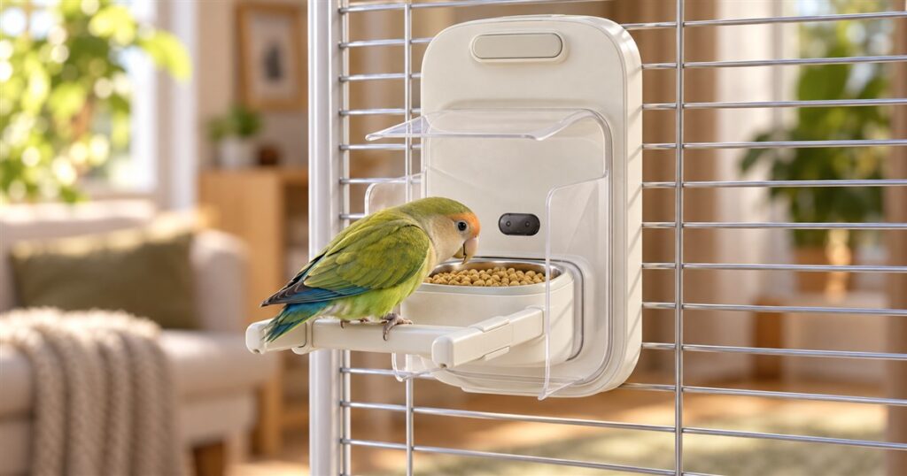 Small green bird using a smart feeding and weighing perch