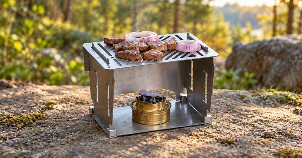 FlameMage titanium camping stove with grilled food and a brass alcohol burner