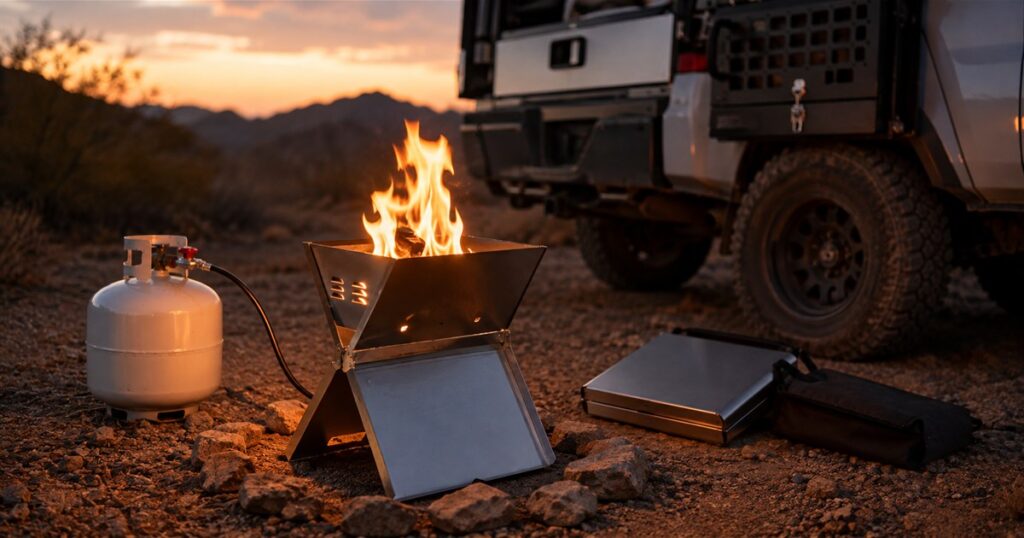 RTE FireFold folding propane fire pit at an overlanding campsite