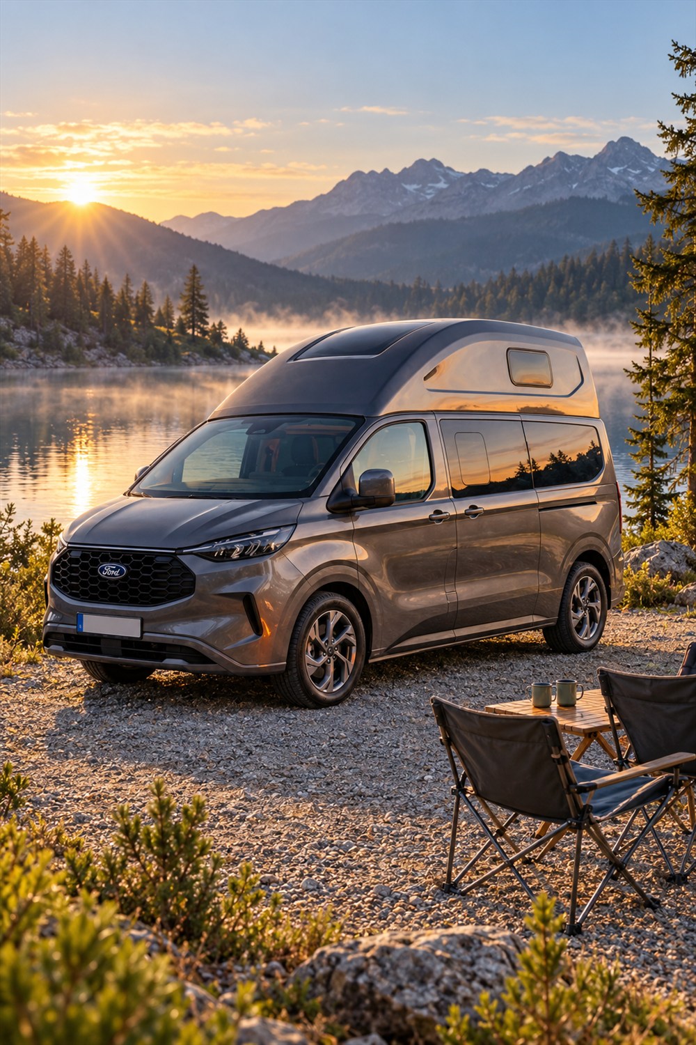 Generated visualization of a taupe-gray Nugget Twin fixed-high-roof camper parked beside a mountain lake at sunrise, with two camping chairs and a small table.