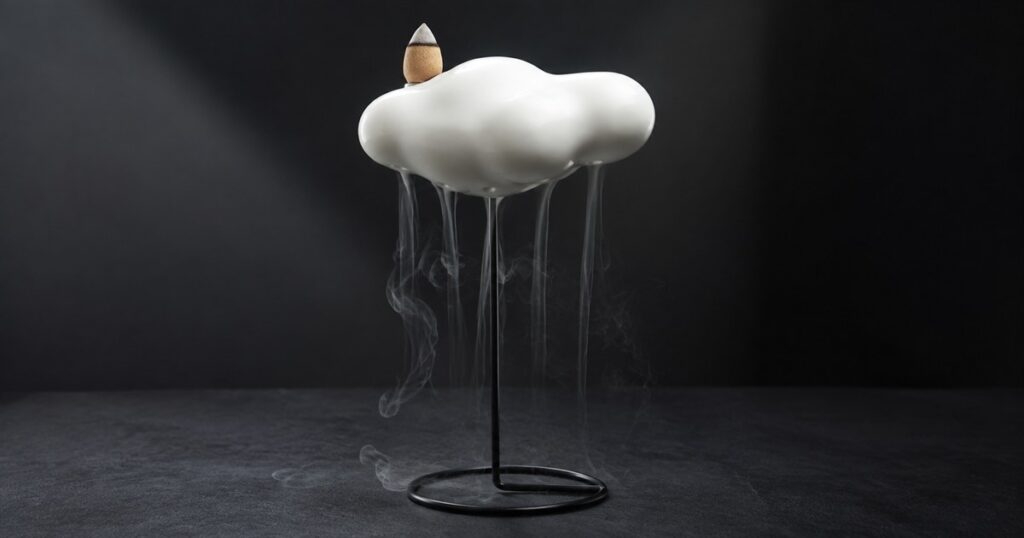 Floating Cloud Backflow Incense Burner with smoke falling from a ceramic cloud