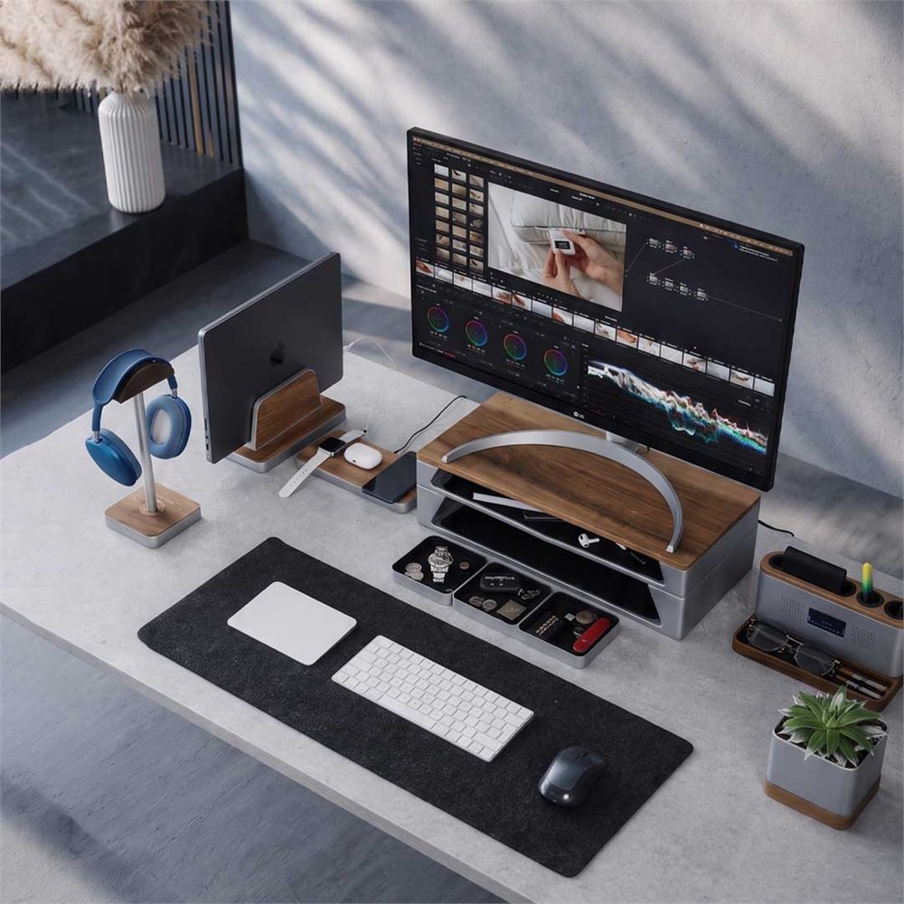 Focus Gap walnut and aluminum desk modules arranged across a clean workstation