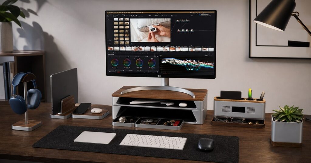 Focus Gap premium modular walnut and aluminum desk system arranged on a modern workstation