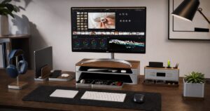 Focus Gap premium modular walnut and aluminum desk system arranged on a modern workstation