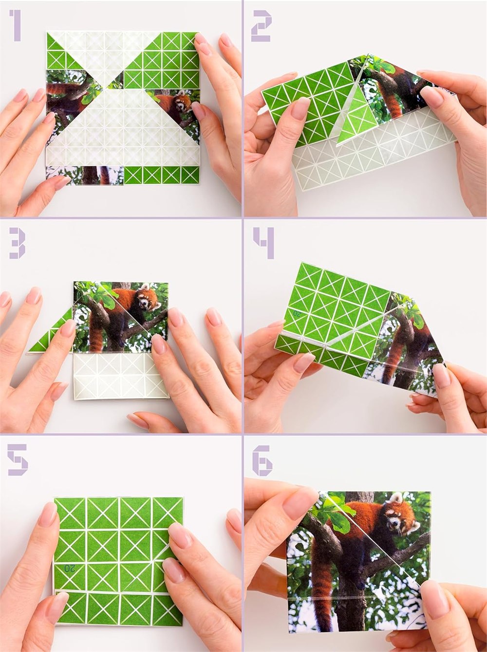 Hands folding the red panda picture puzzle in six stages