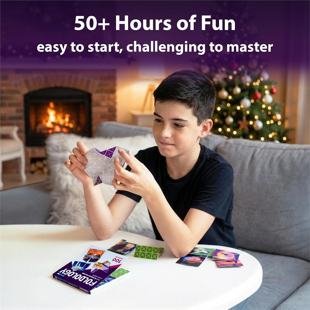 Teen solving a Foldology puzzle on a sofa
