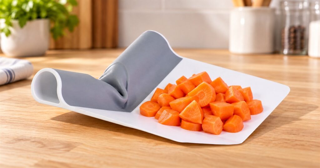 Folding food scooper holding chopped carrots on a kitchen counter