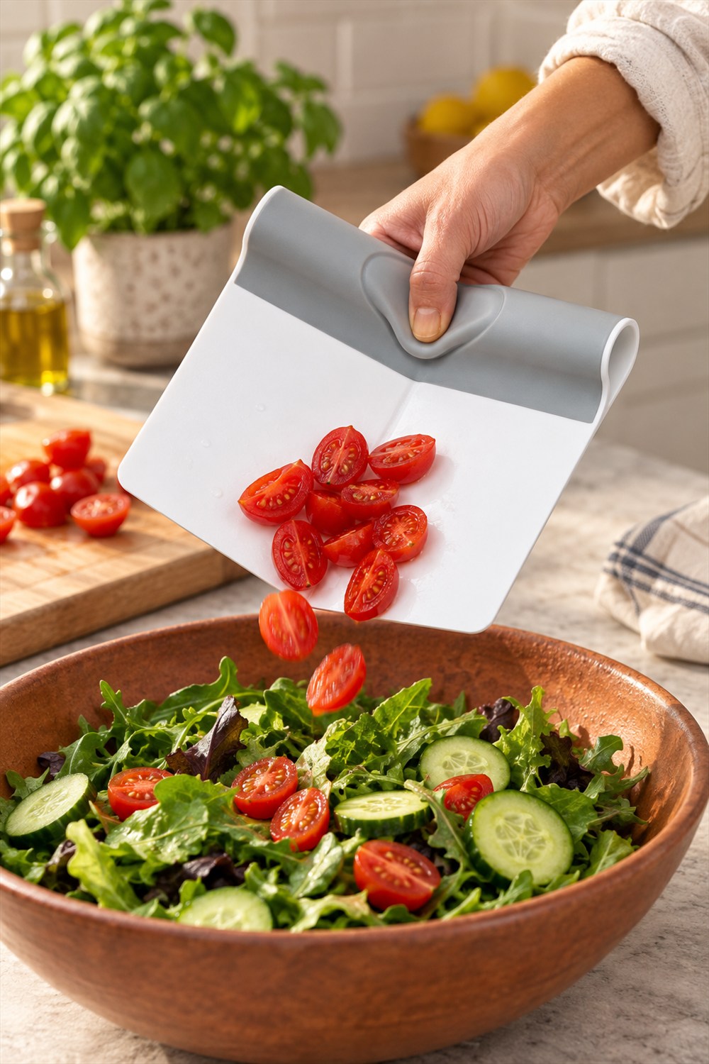 A hand holds a gray-and-white folding food scooper as cherry tomato halves slide into a terracotta salad bowl with greens and cucumber.