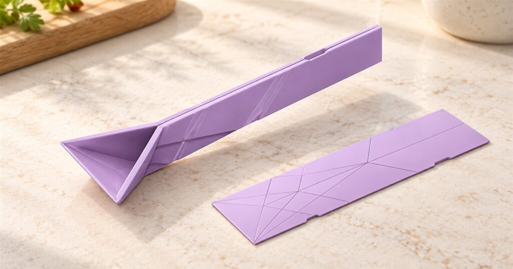 Purple folding measuring spoons with one triangular bowl and one flat tool