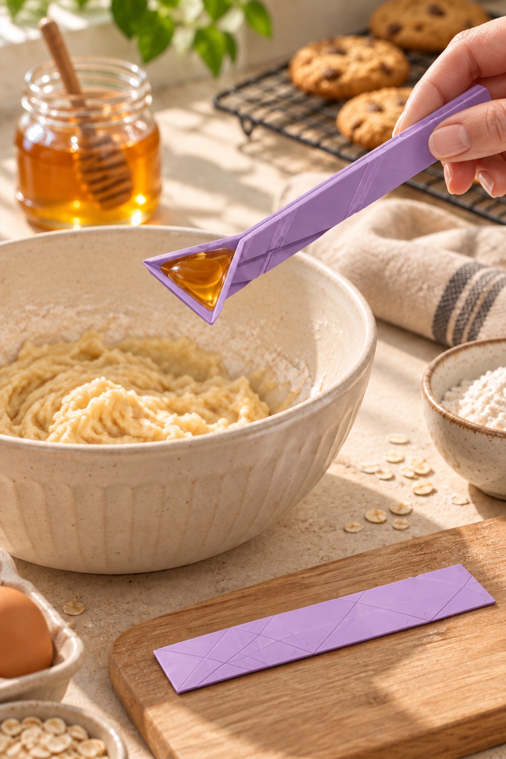 A purple folding measuring spoon holds honey above a mixing bowl, with its flat companion spoon on a wooden board in a sunlit kitchen.