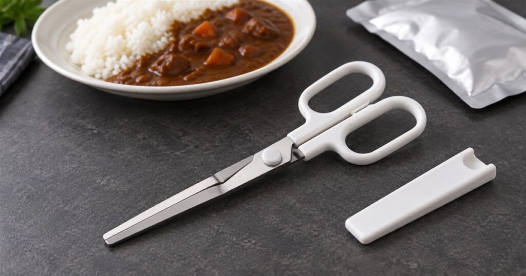 Food pouch scissors and their cover on a kitchen counter beside a curry meal