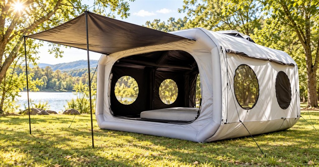 Grey inflatable family tent at a leafy campsite