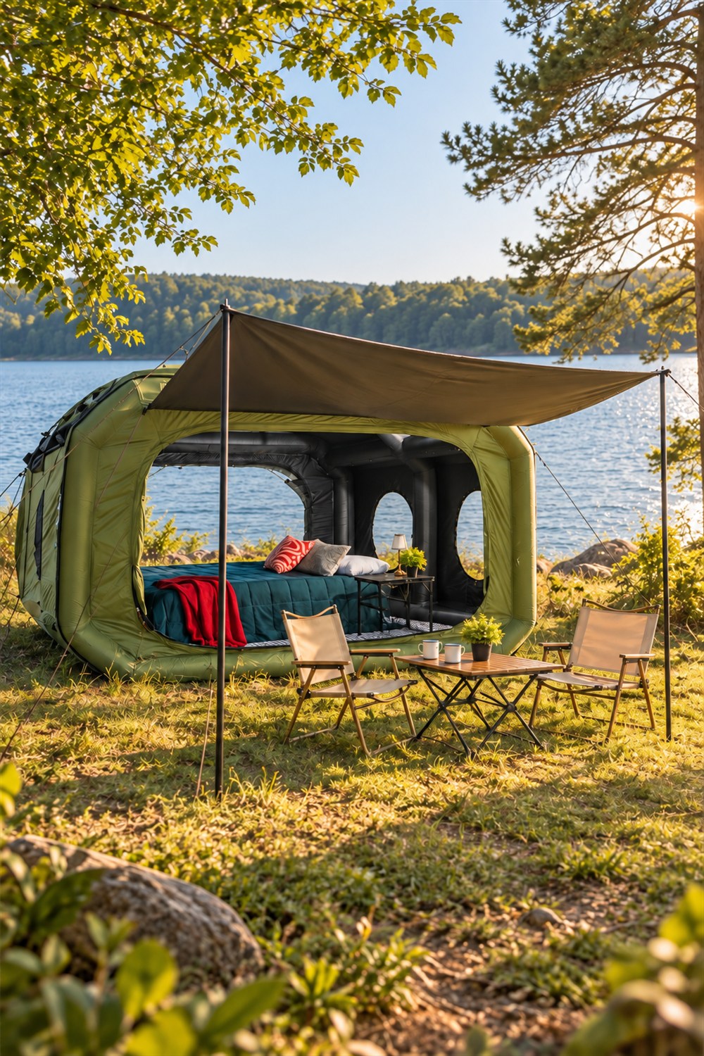 Olive green inflatable family tent with an extended awning, round windows, and camping furniture at a sunlit lakeside campsite.