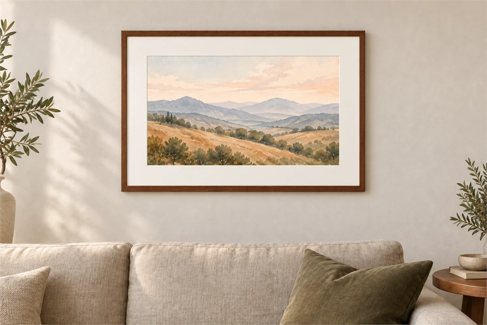 Jitrainno walnut color E Ink art frame above a sofa