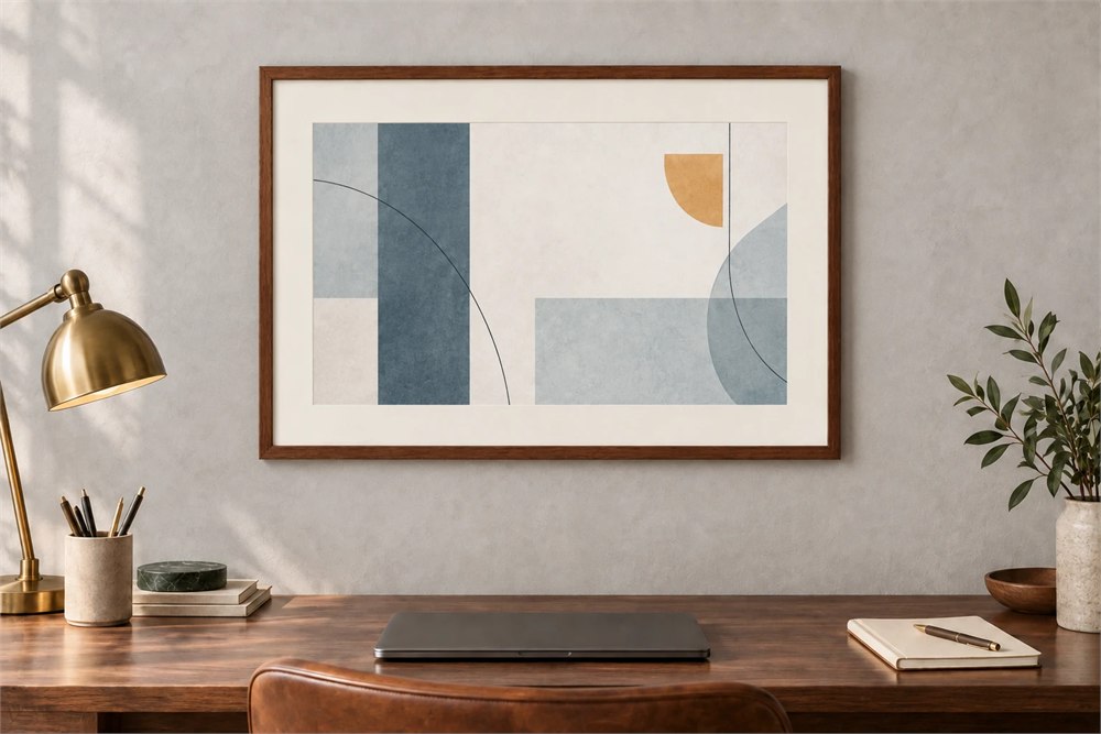 Color E Ink frame displaying abstract art above a desk