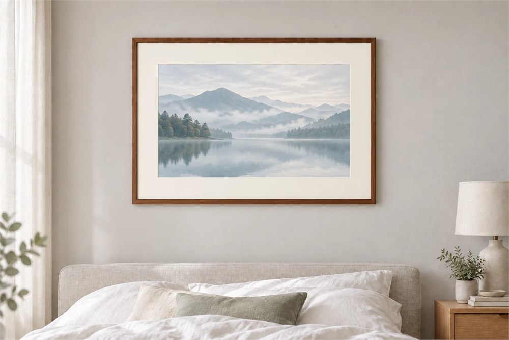 Matte landscape artwork in a bedroom frame