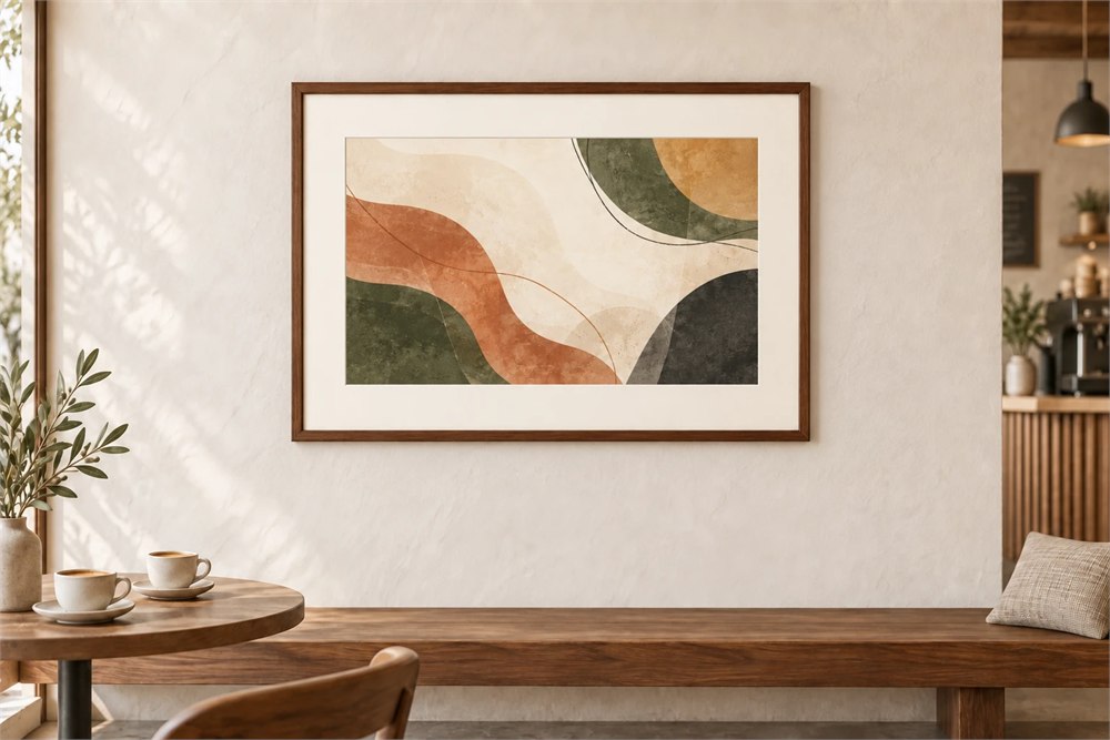 Jitrainno frame with abstract art in a cafe setting