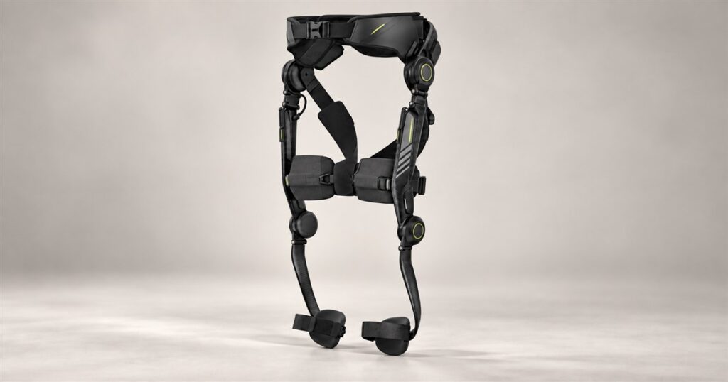 Studio illustration of the Hypershell Halo full-leg hiking exoskeleton
