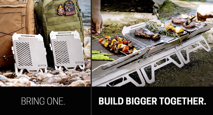 GrilTi EVER campaign image showing packed units and connected grills at camp