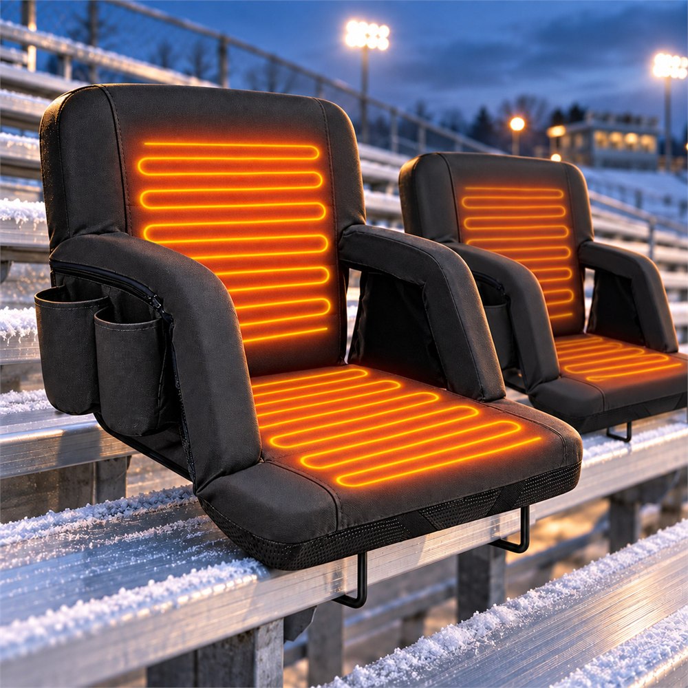 Two heated bleacher seats with illustrated orange heat zones on frosty stadium benches