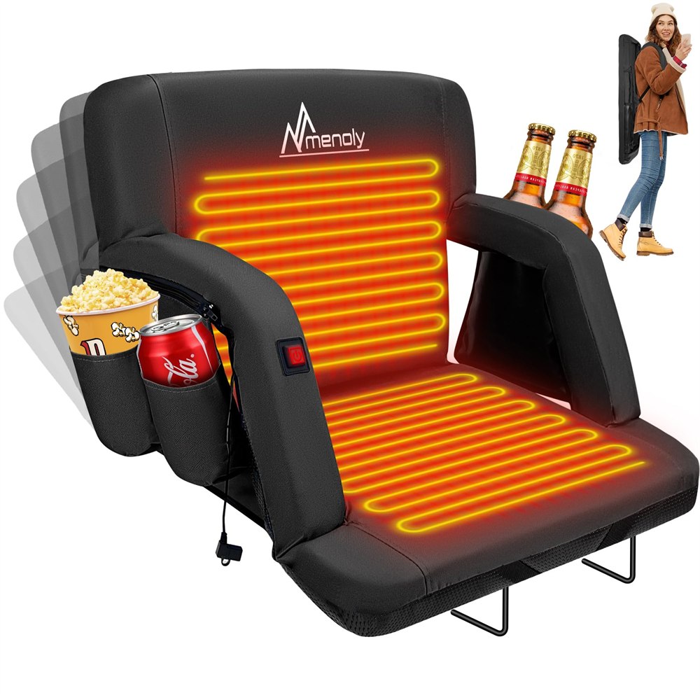 Black heated stadium seat with storage pockets, cup holders and carry straps